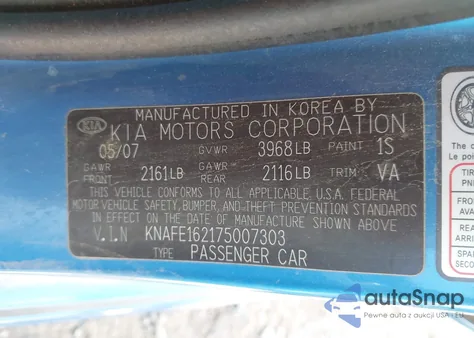 2007 Kia Spectra from USA, damaged, VIN LOT-1-44659962